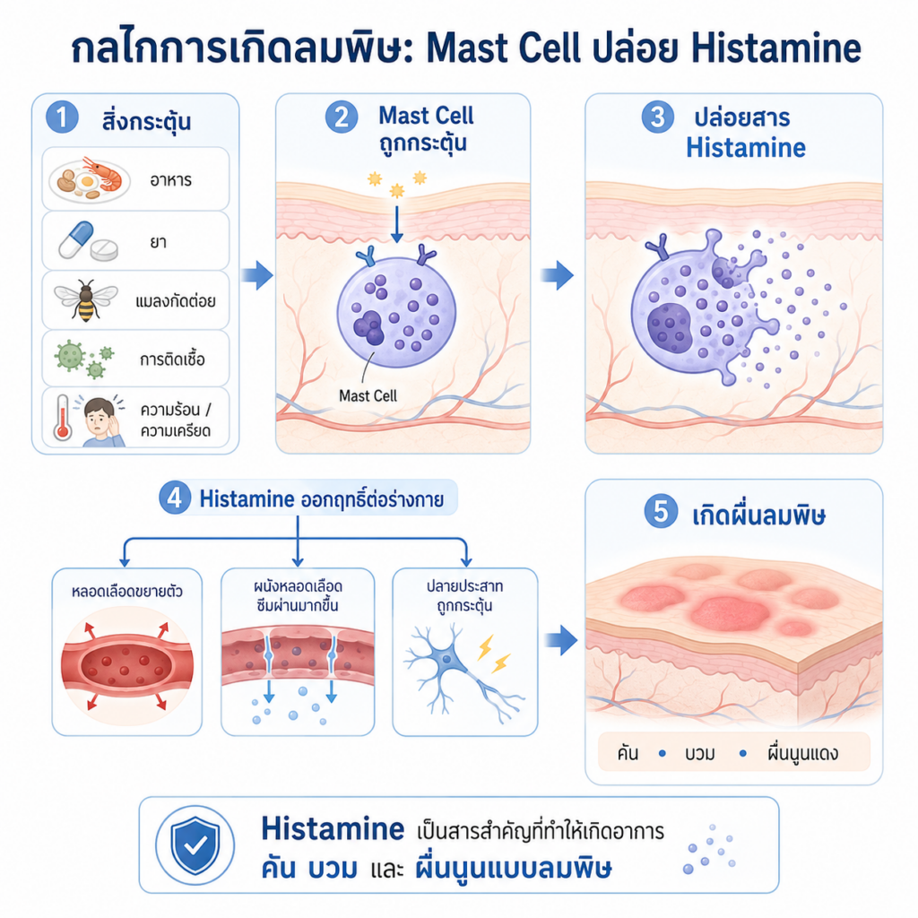 ภาพประกอบกลไก Mast Cell ปล่อยสาร Histamine กระตุ้นให้เกิดผื่นลมพิษ