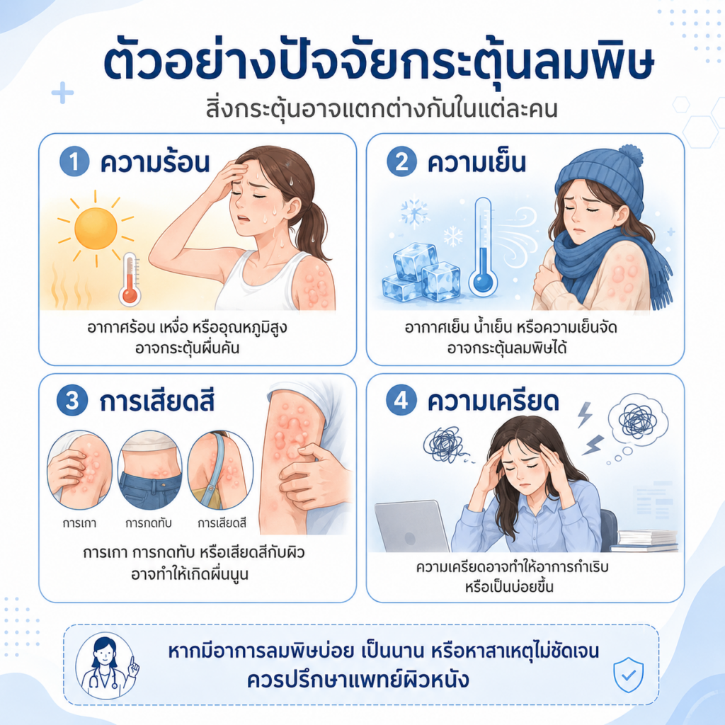ตัวอย่างปัจจัยกระตุ้นลมพิษ เช่น ความร้อน ความเย็น การเสียดสี และความเครียด